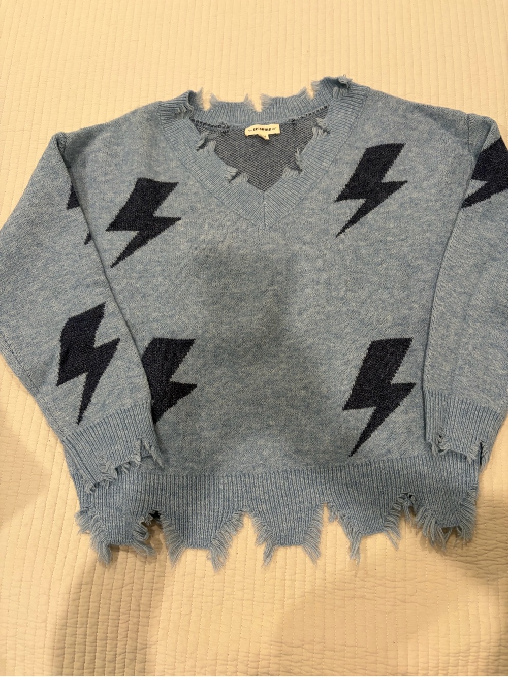 eesome Light Blue Distressed V-Neck Sweater with Navy Lightning Bolts (S/M)